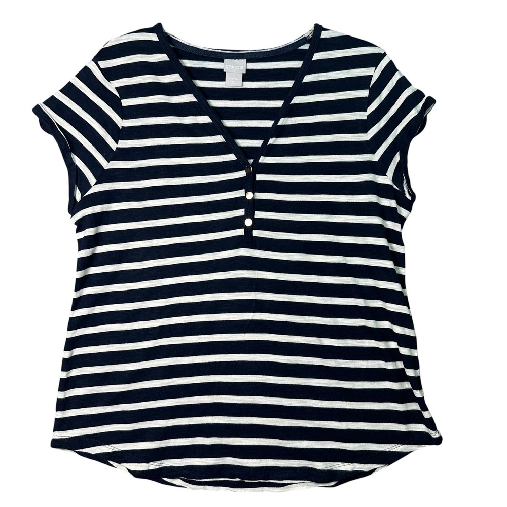 Chicos Nautical Striped Henley V-Neck Top Navy White Cotton Modal Size 2 Large